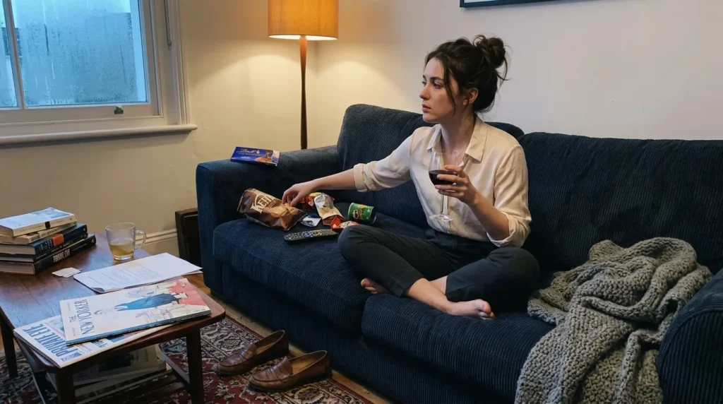Femme assise sur canapé bleu, tenant une boisson, avec snacks.