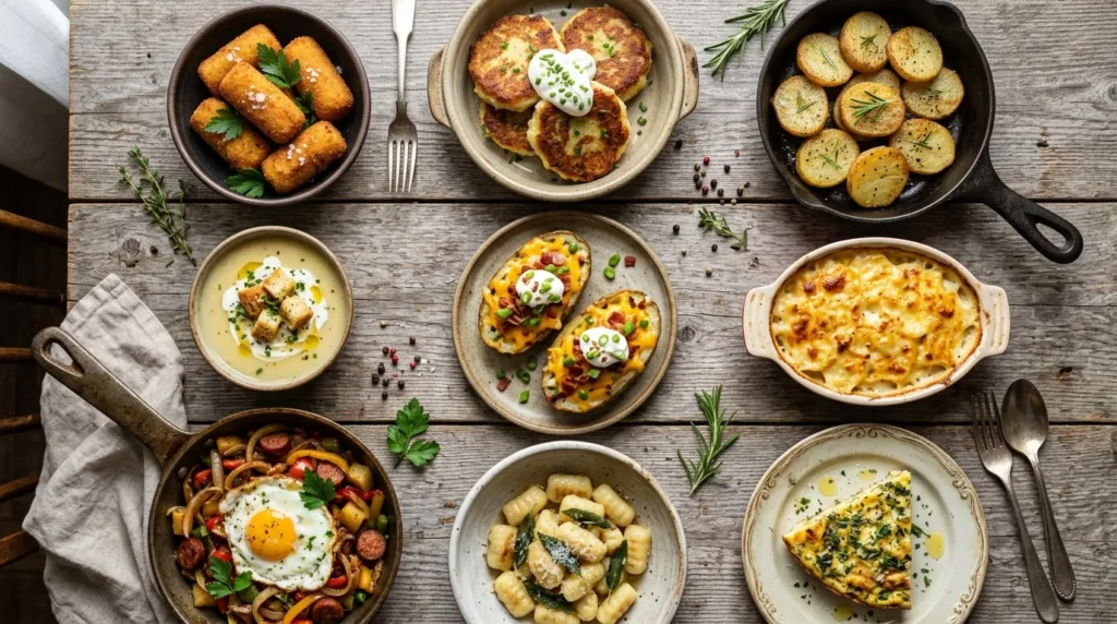 Neuf plats traditionnels français présentés sur table rustique en bois