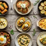 Neuf plats traditionnels français présentés sur table rustique en bois