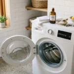 Machine à laver Bosch ouverte dans une buanderie blanche épurée