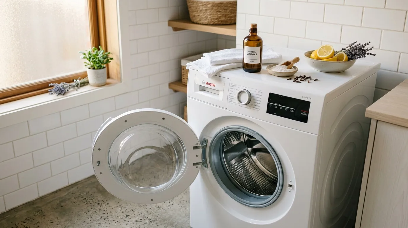 Machine à laver Bosch ouverte dans une buanderie blanche épurée