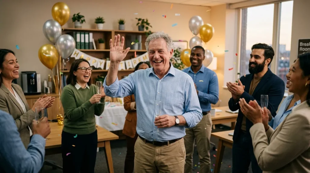 Groupe de collaborateurs célébrant avec ballons dorés et confettis