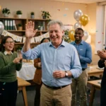 Groupe de collaborateurs célébrant avec ballons dorés et confettis