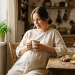 Femme enceinte boit du thé près d'une fenêtre lumineuse