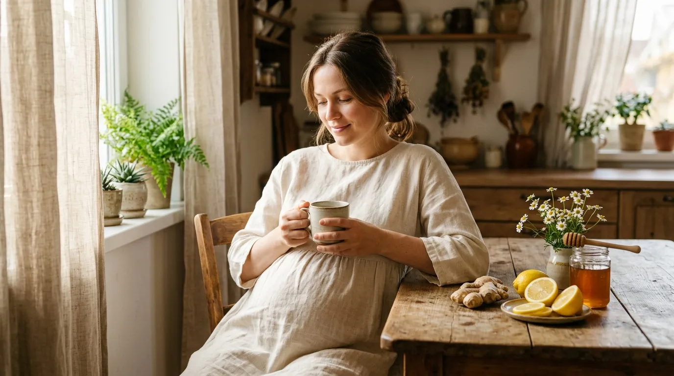 Femme enceinte boit du thé près d'une fenêtre lumineuse