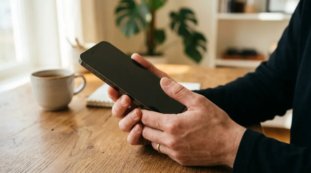 Homme tenant un téléphone noir sur un bureau en bois