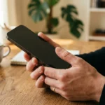 Homme tenant un téléphone noir sur un bureau en bois