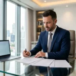 Homme en costume bleu écrivant à son bureau avec ordinateur portable