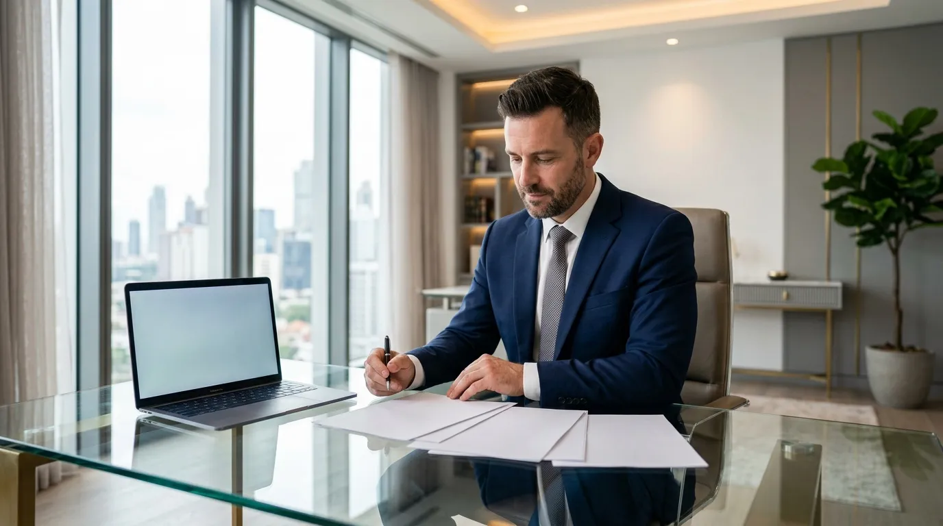 Homme en costume bleu écrivant à son bureau avec ordinateur portable