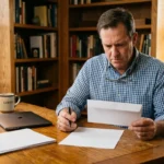 Homme écrivant à son bureau avec ordinateur et café