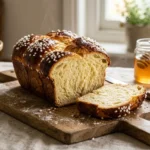 Pain tranché avec perles de sucre, miel, œufs sur table