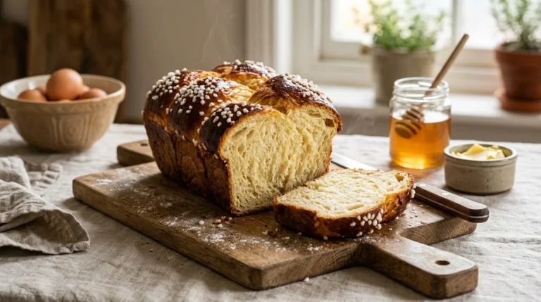 Pain tranché avec perles de sucre, miel, œufs sur table