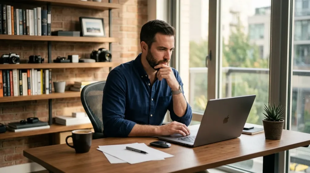 Homme en chemise bleue travaillant sur laptop au bureau