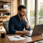 Homme en chemise bleue travaillant sur laptop au bureau